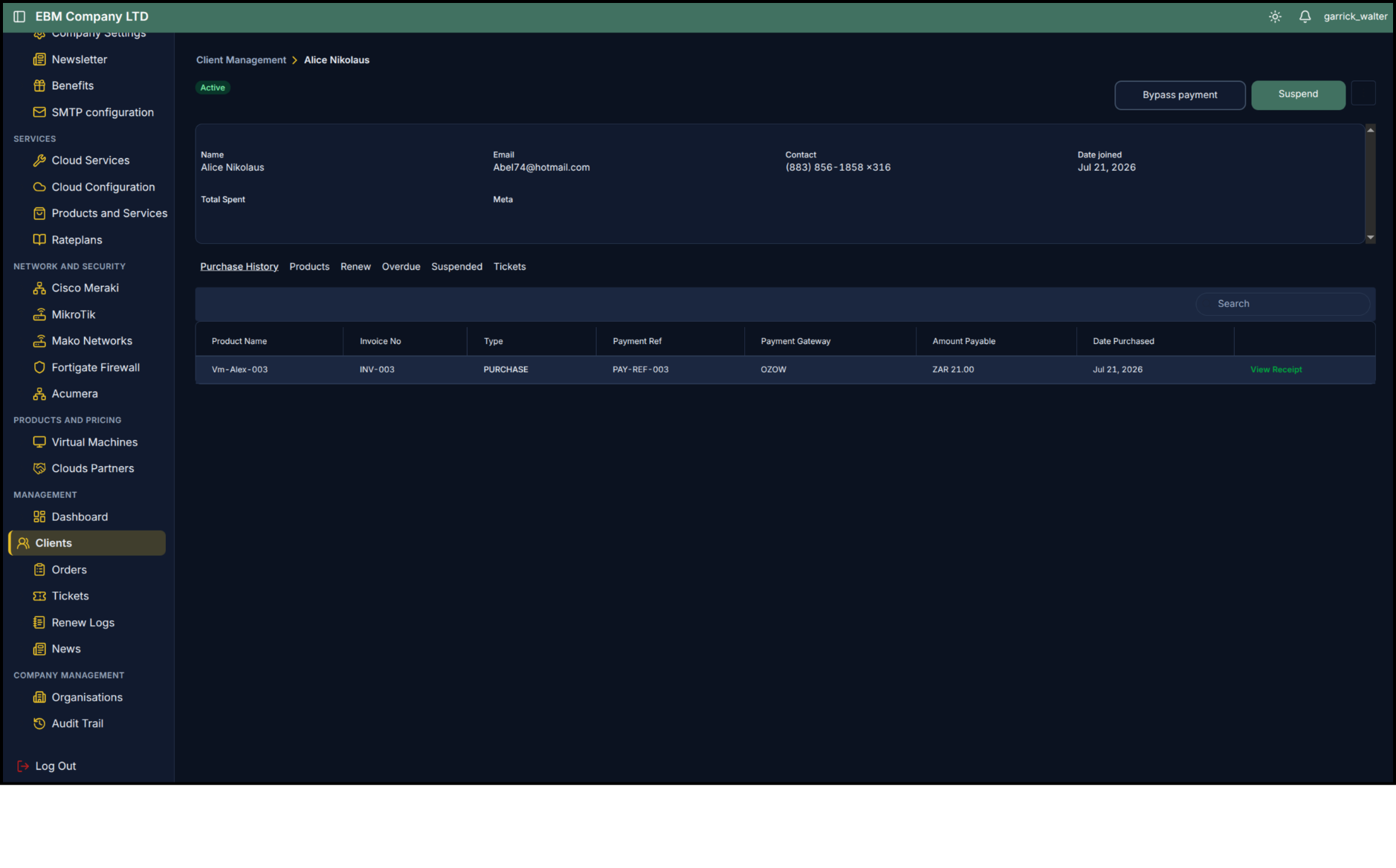 Client purchase history