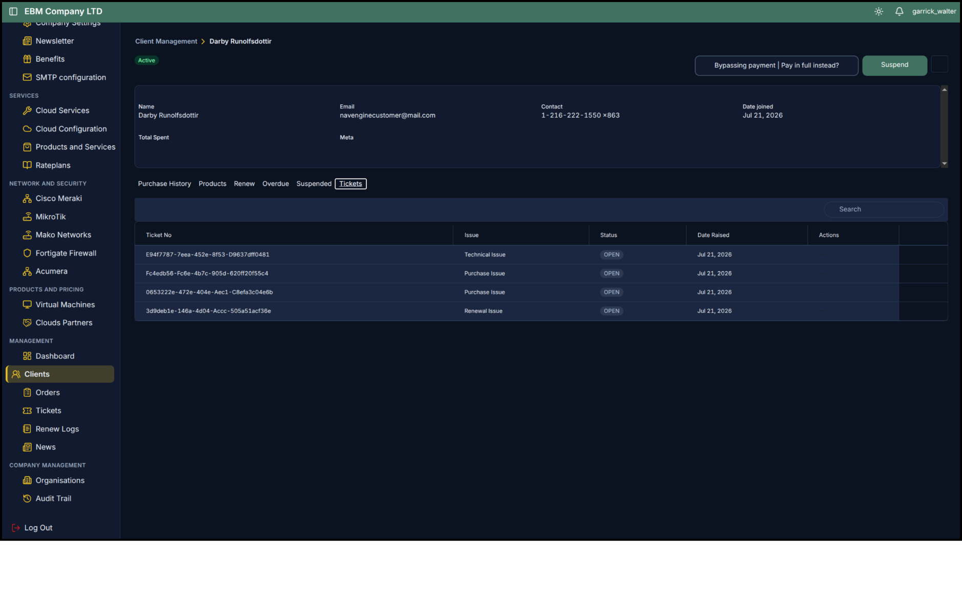 Client support tickets