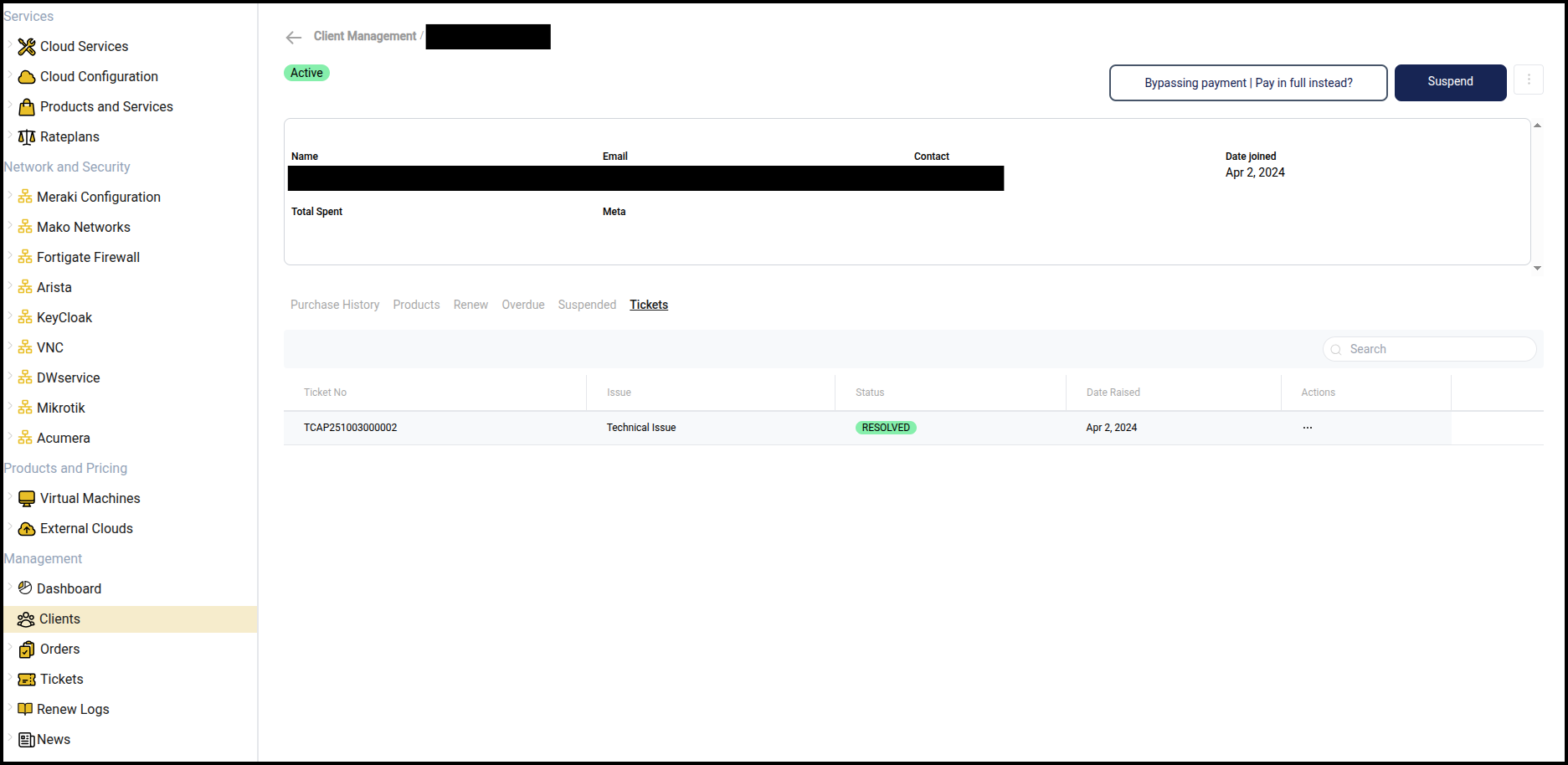 Client support tickets