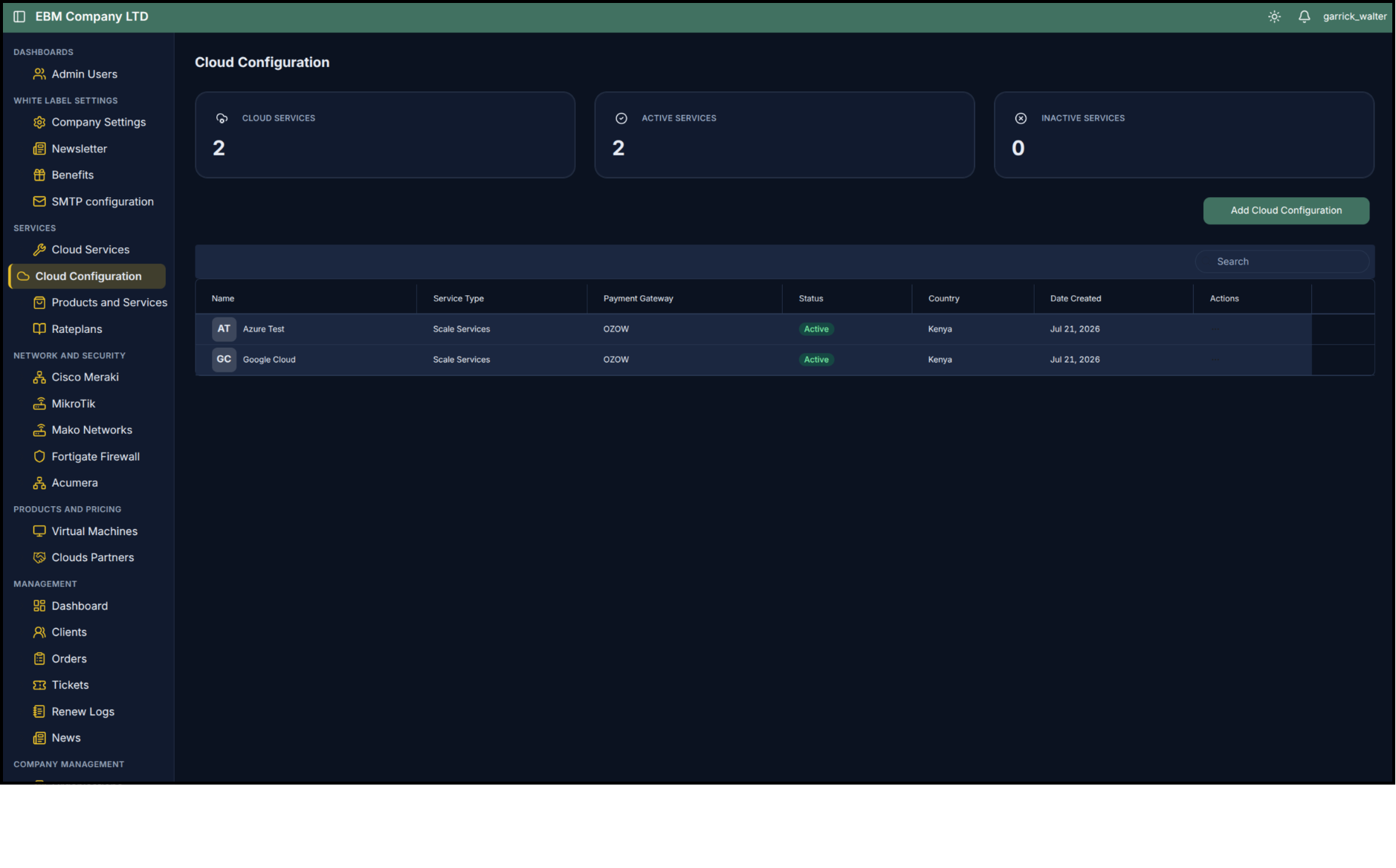 Cloud Configuration section