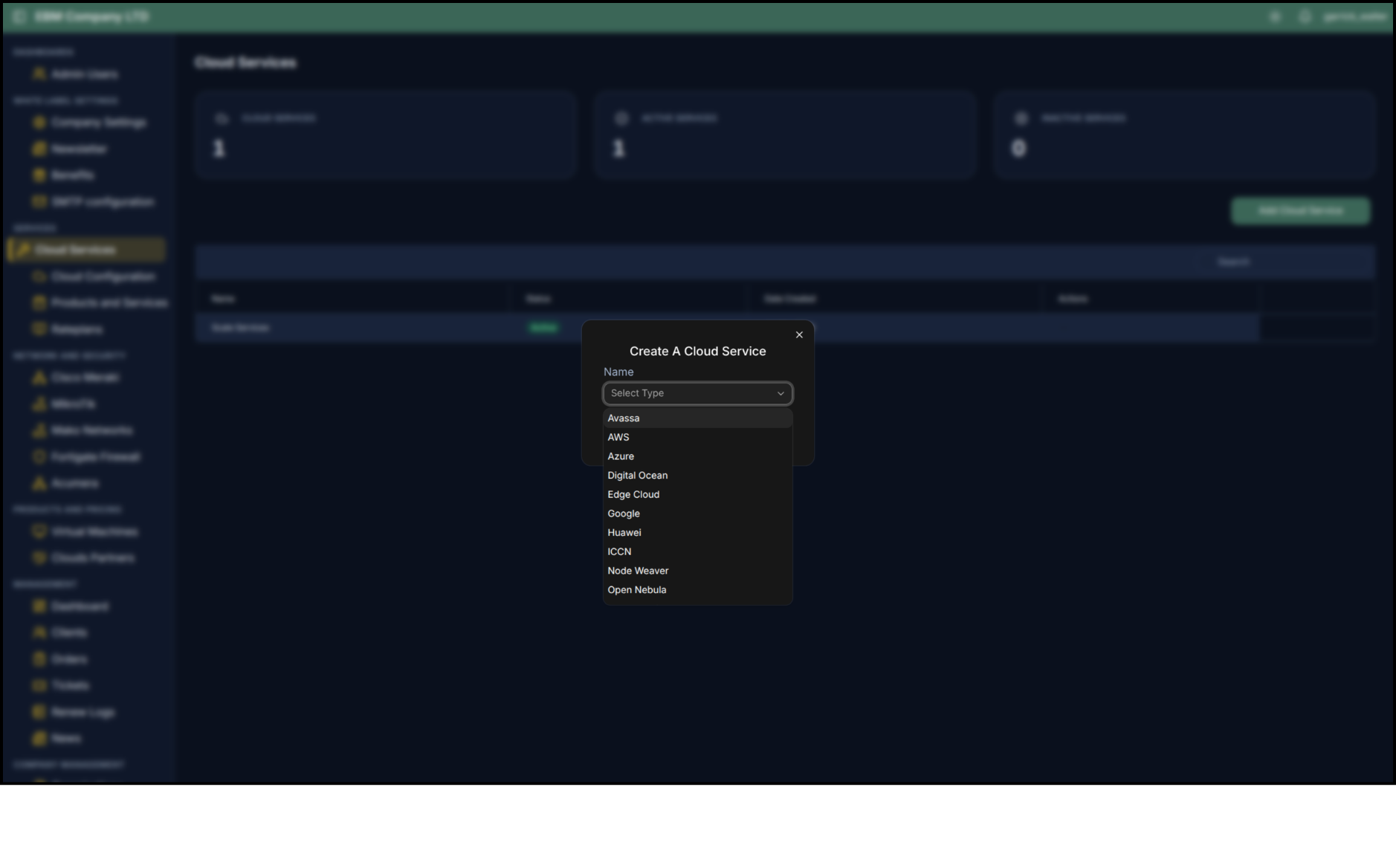Cloud Services dropdown menu