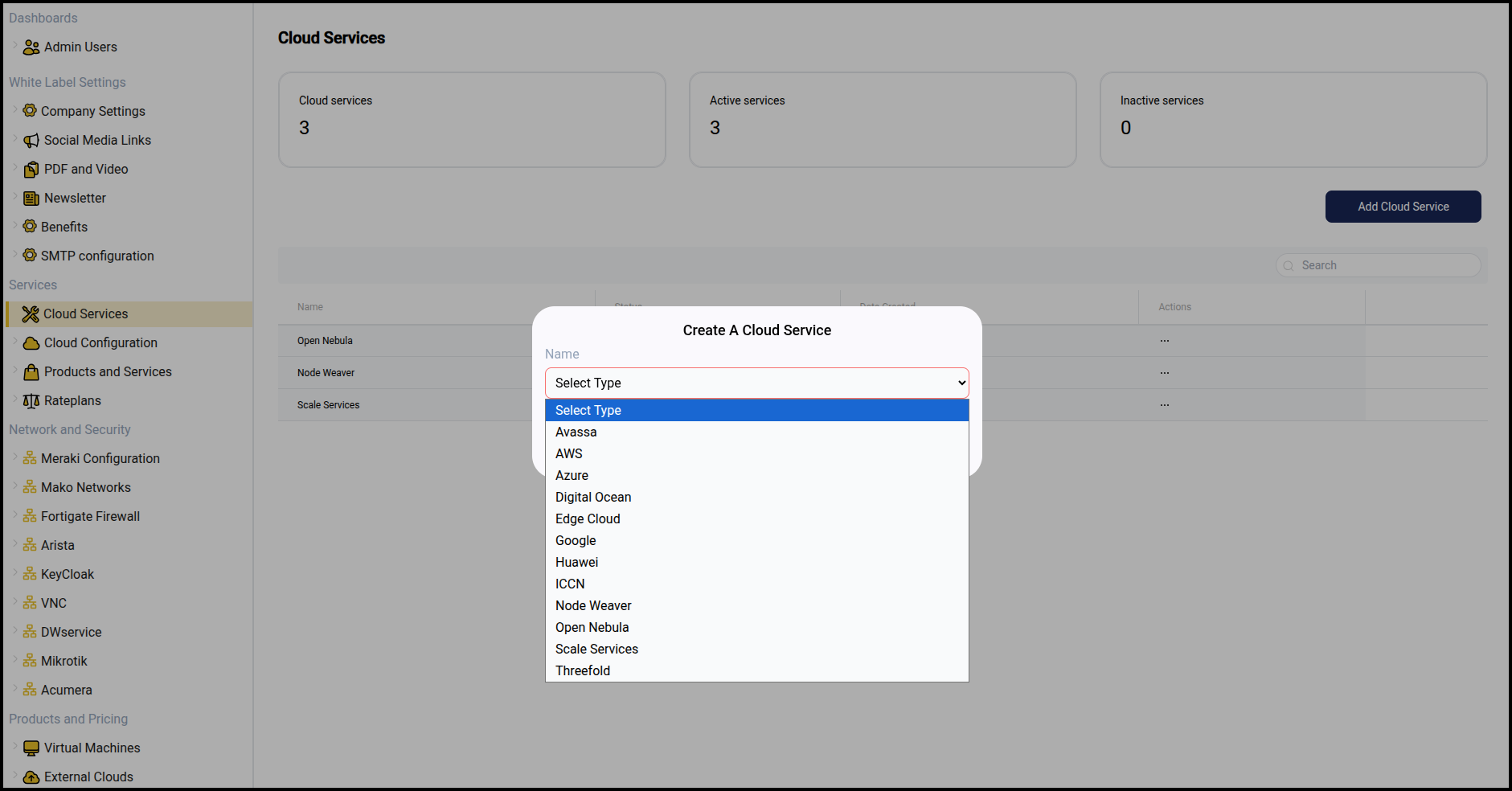 Cloud Services dropdown menu