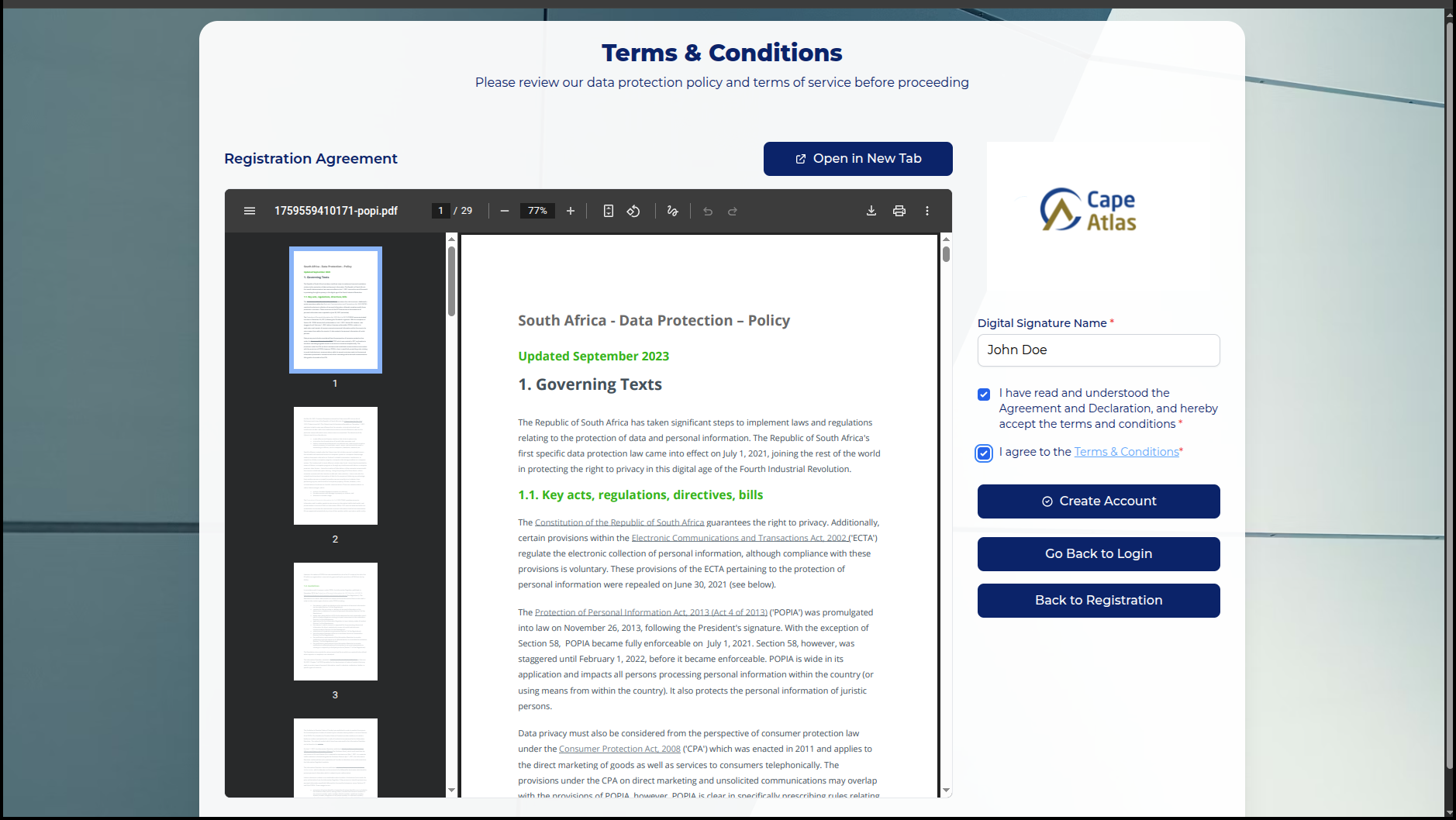 Terms and Conditions acceptance