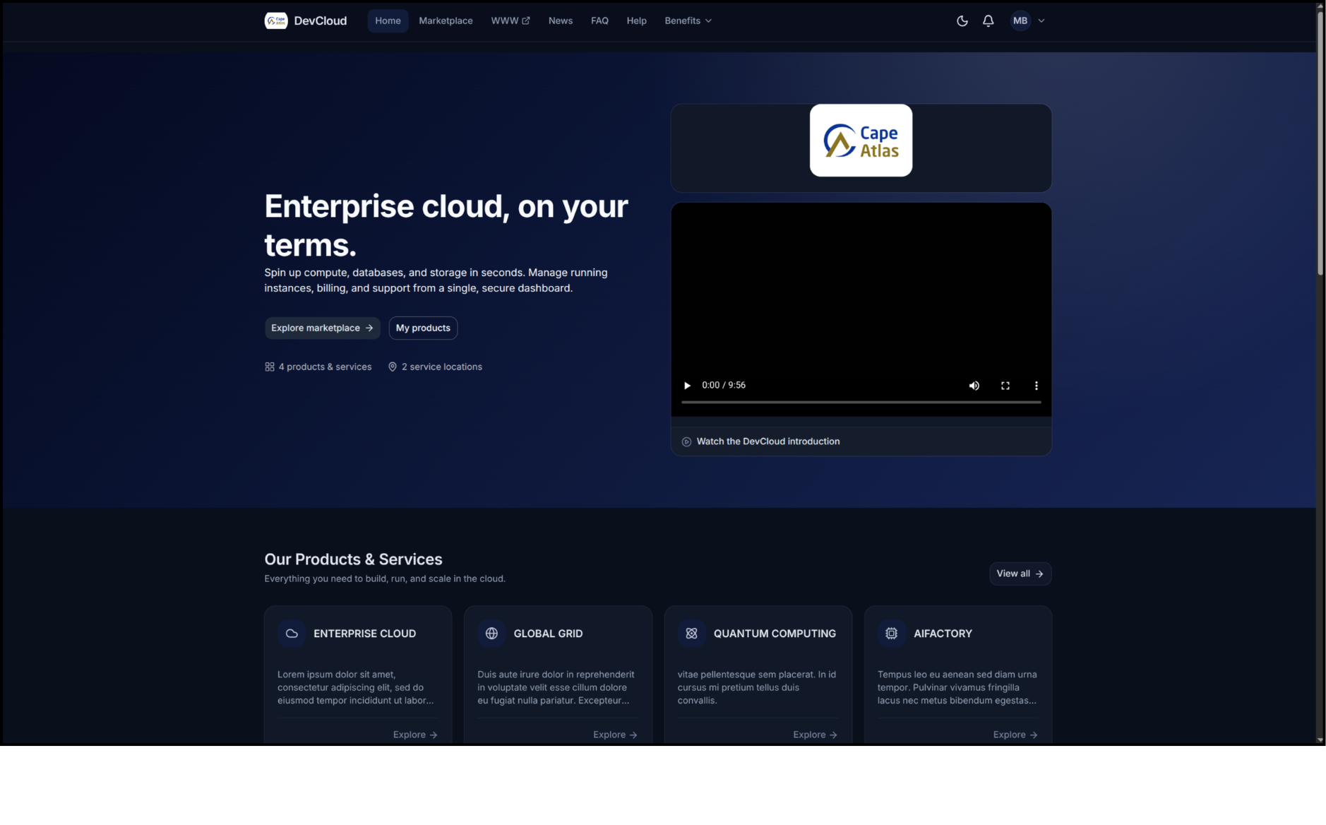 Home page with products listed