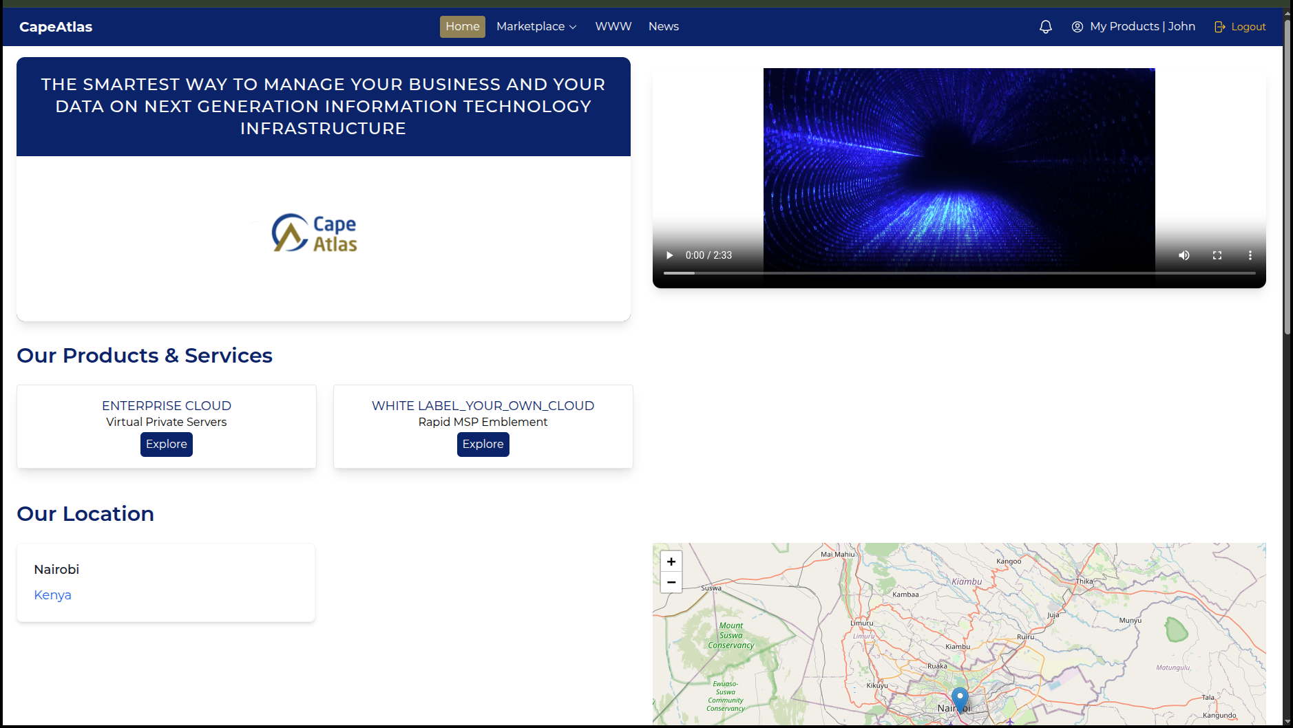 Home page with products listed