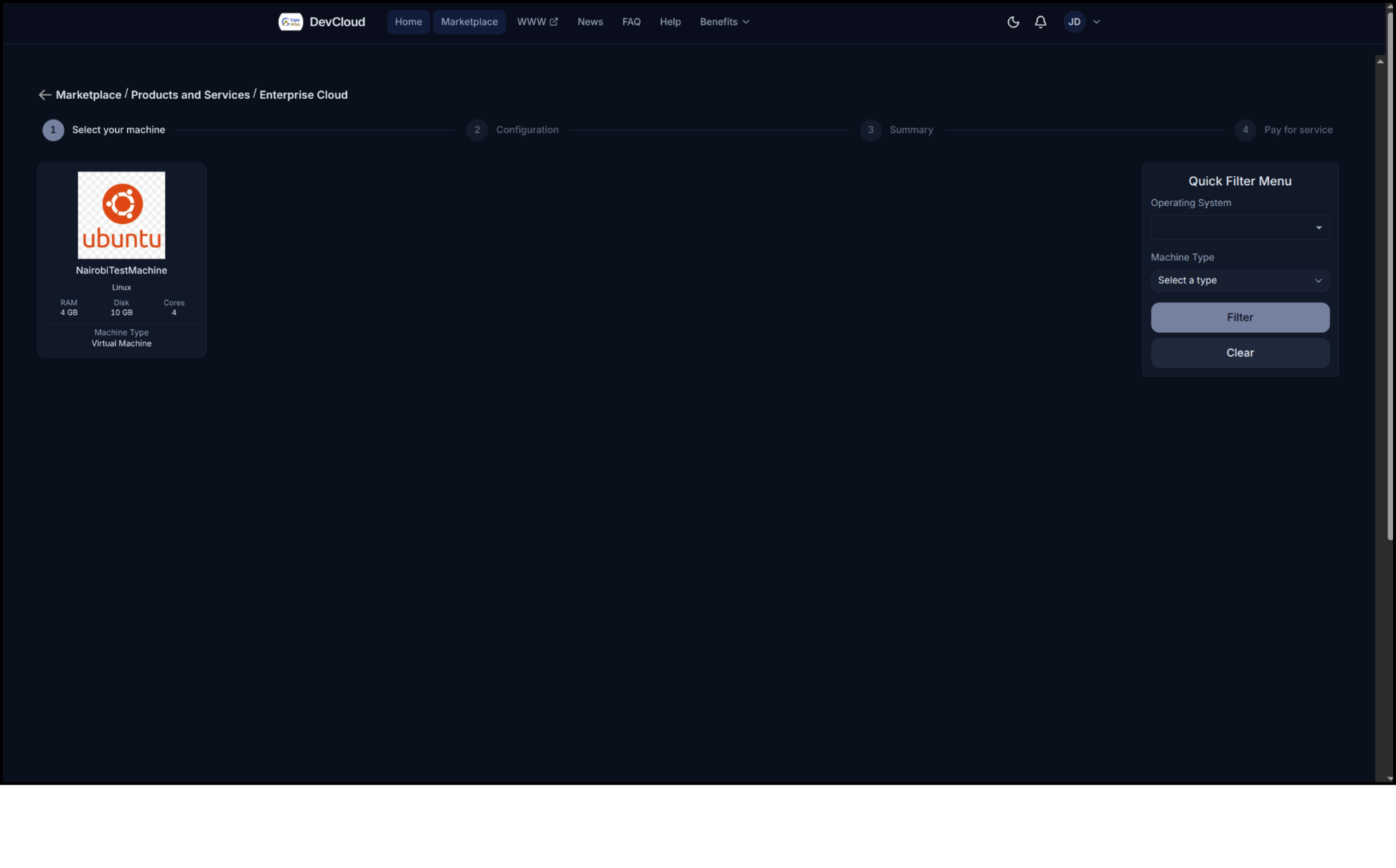 Available virtual machines under a product