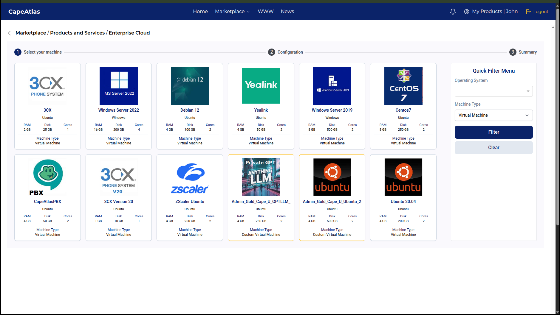 Available virtual machines under a product