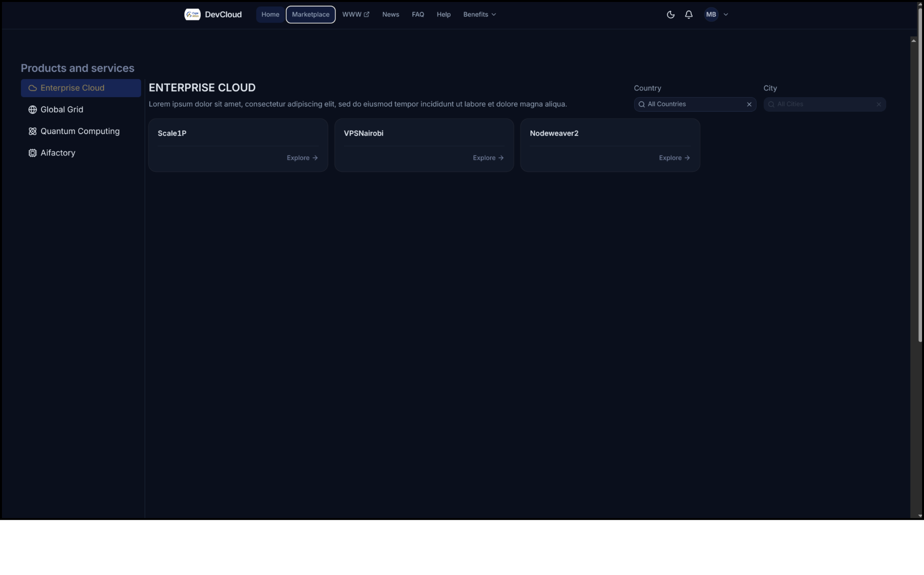 Products and Services page