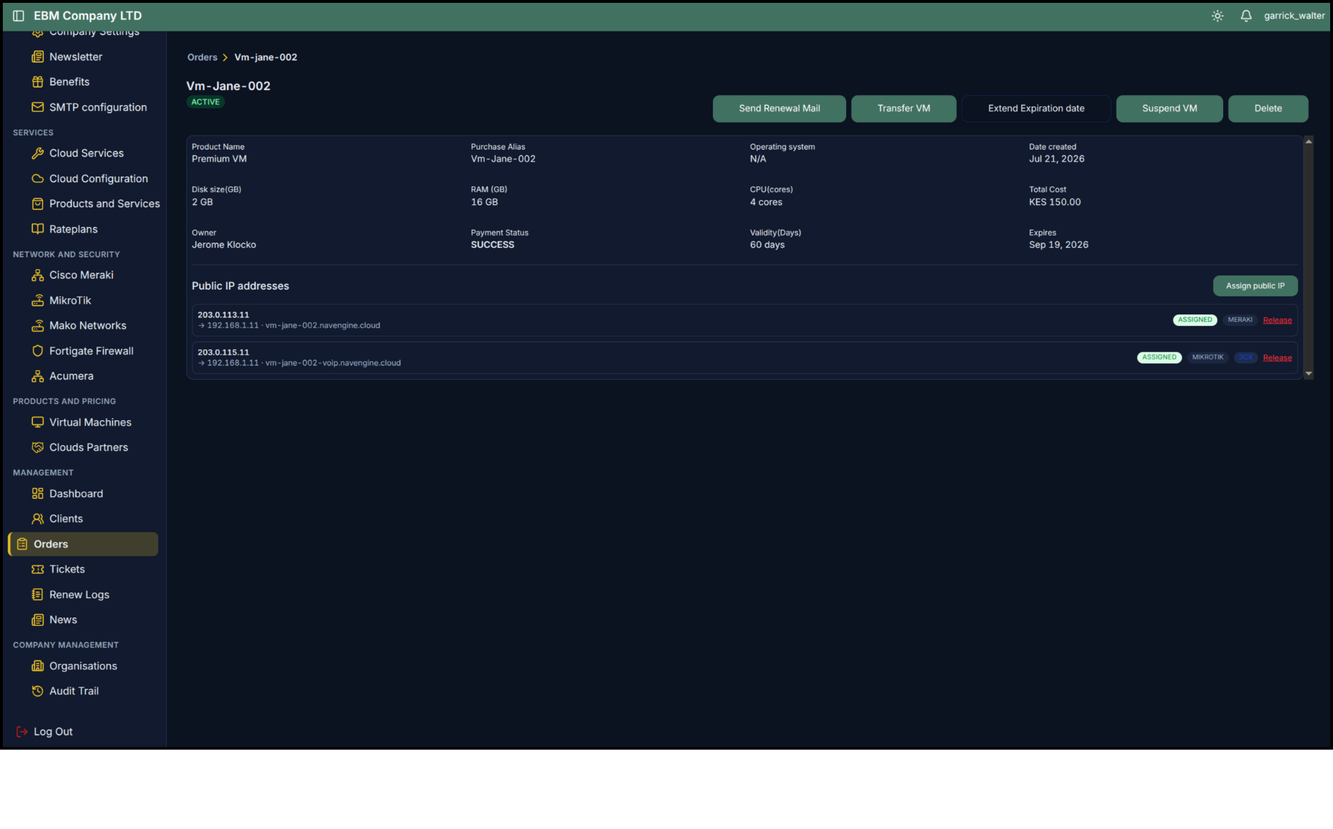 Order details and available actions