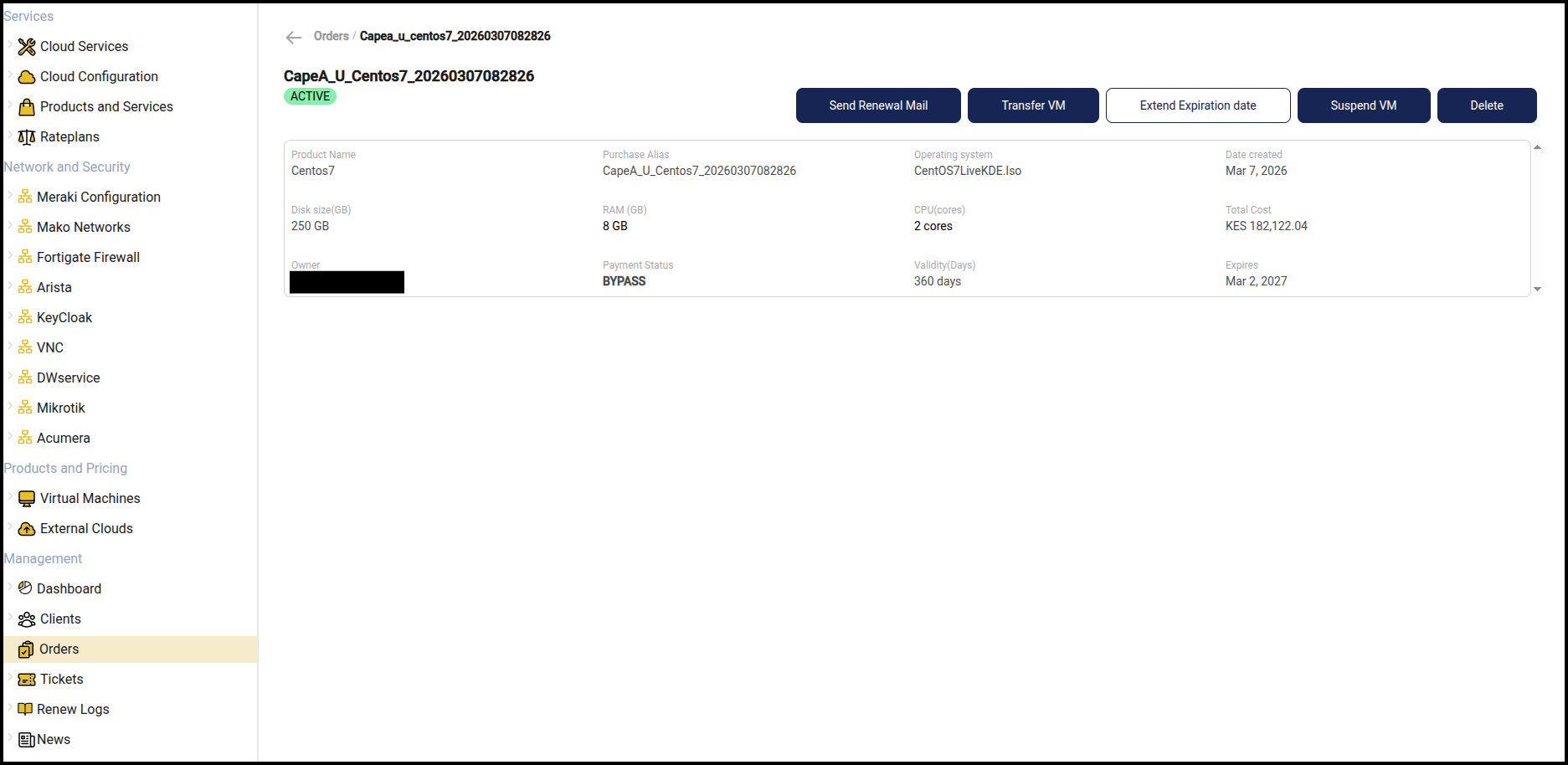 Order details and available actions