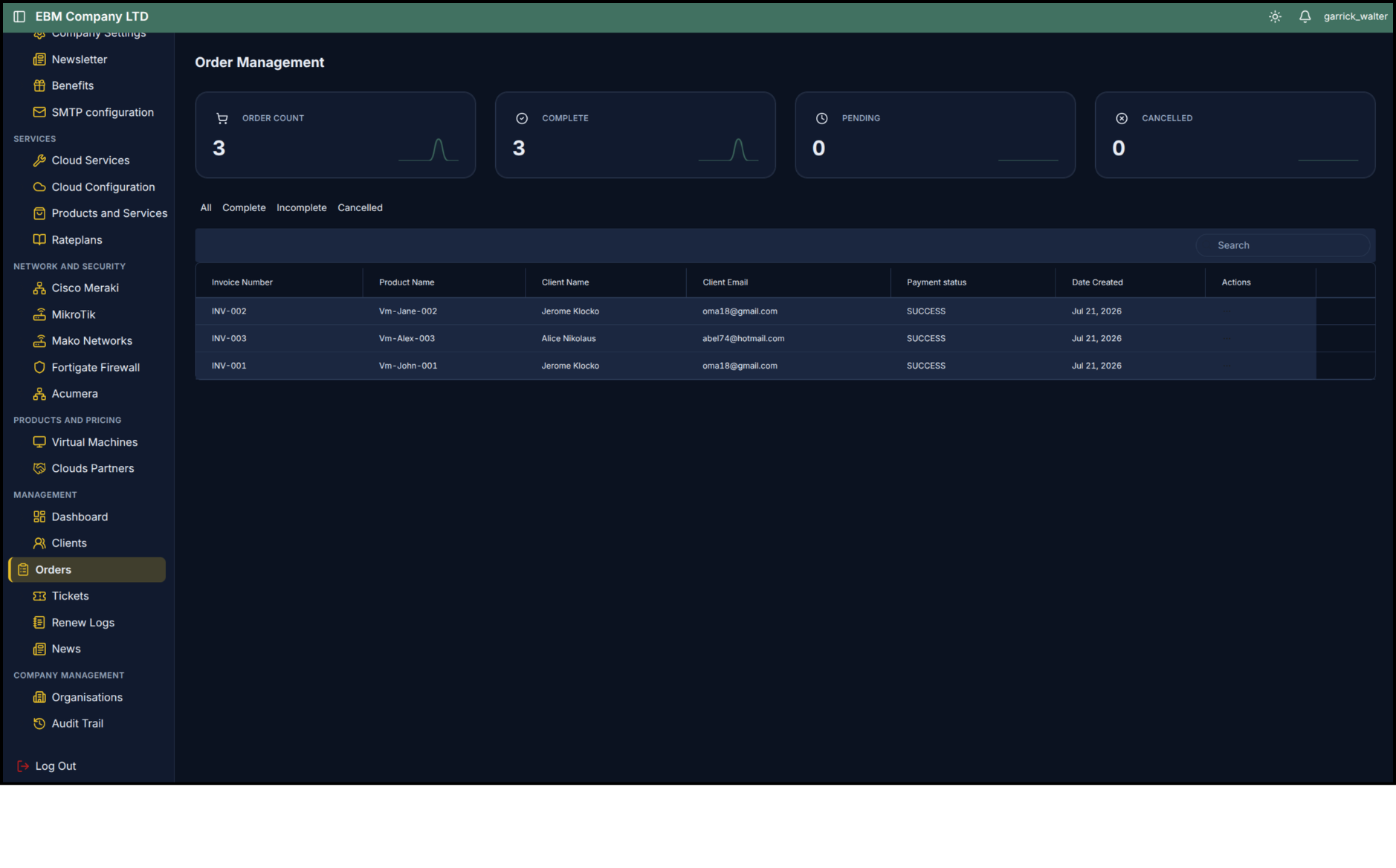 Orders page