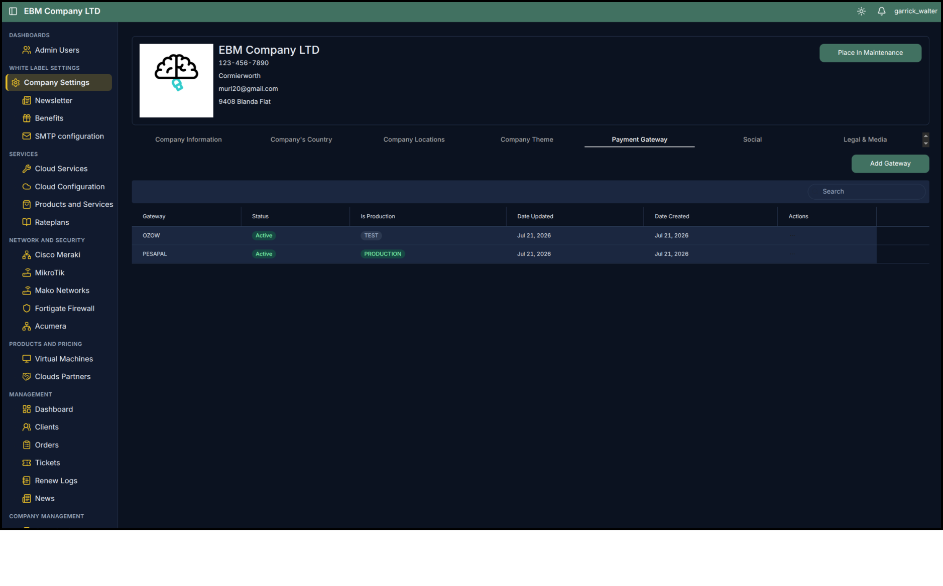 Payment Gateway tab