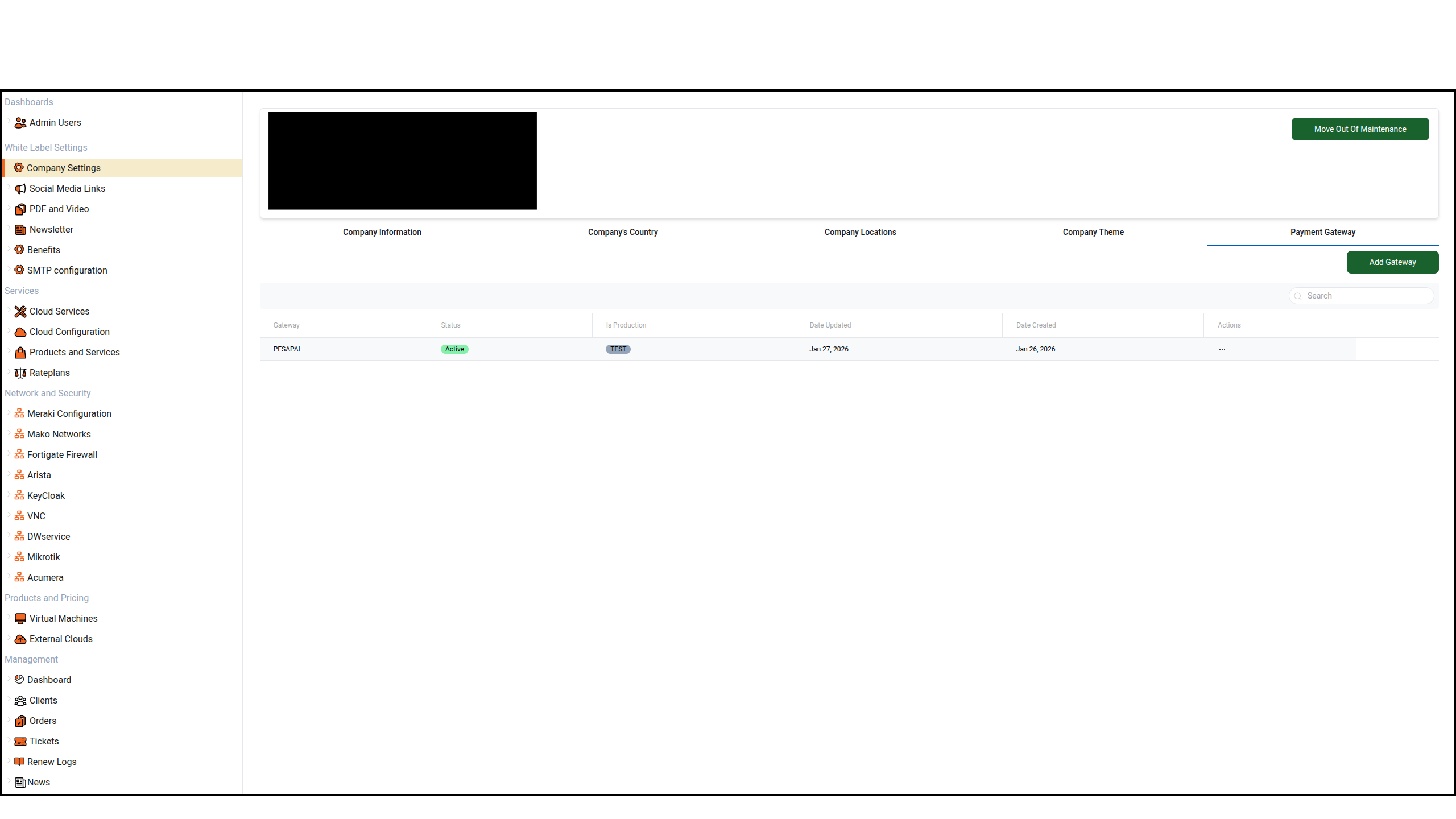 Payment Gateway tab