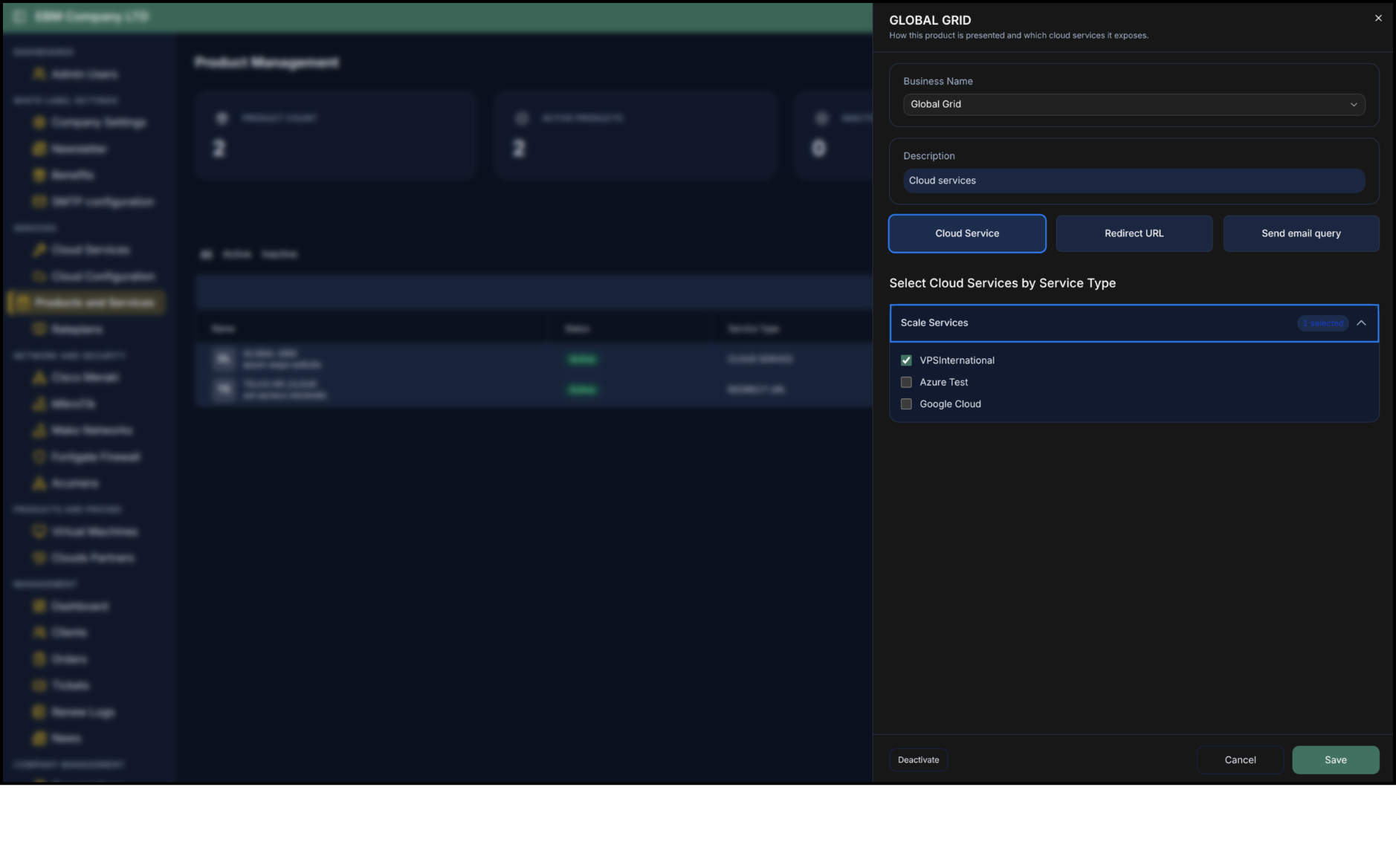 New product with Cloud Services selected