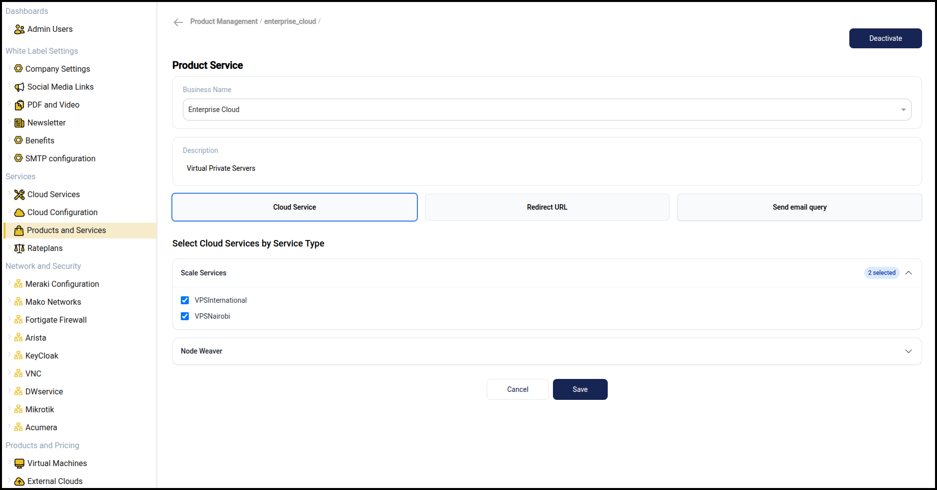 New product with Cloud Services selected
