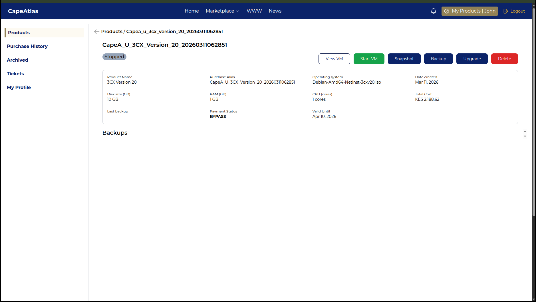 Product detail view with available actions