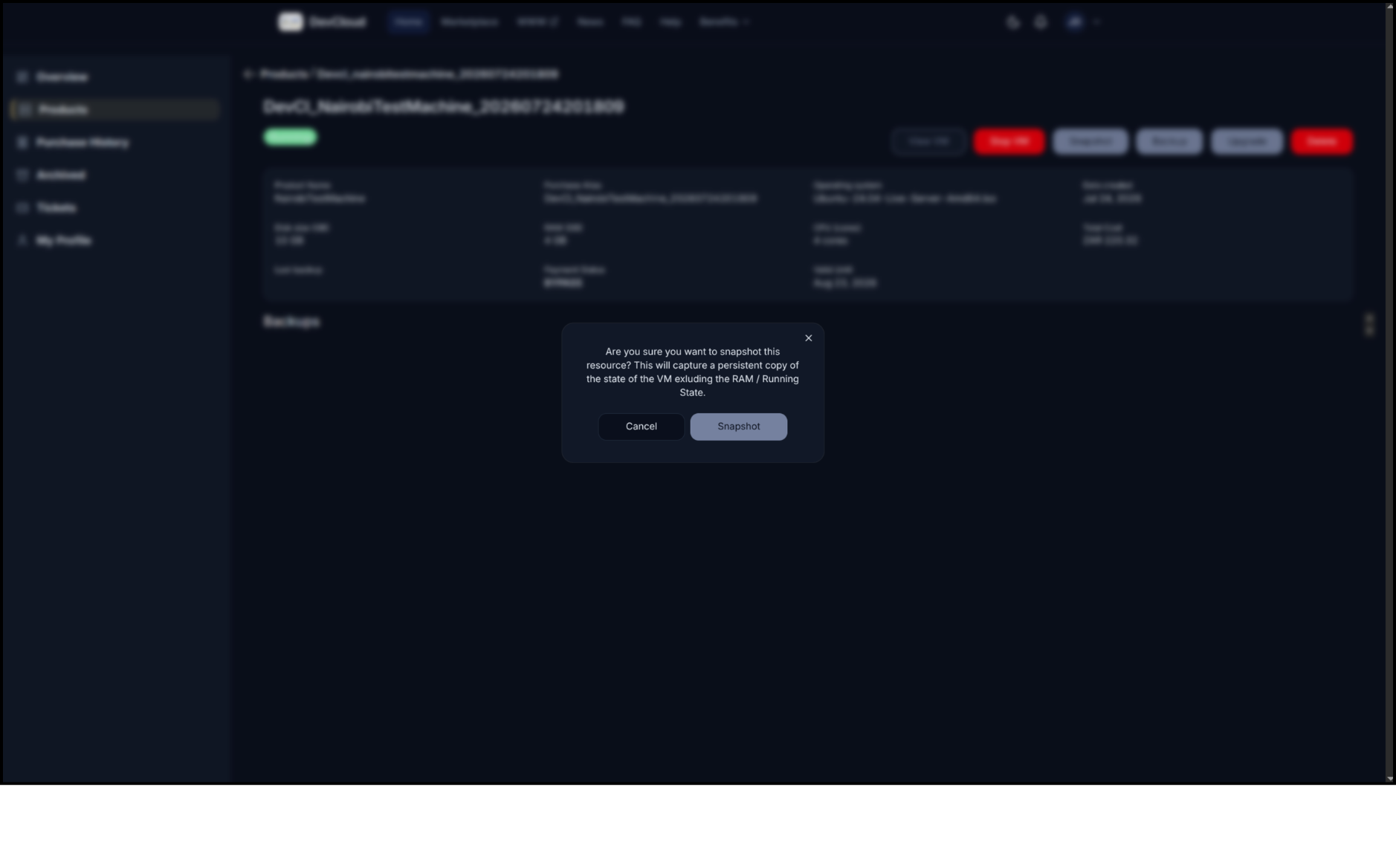 Snapshot creation dialog