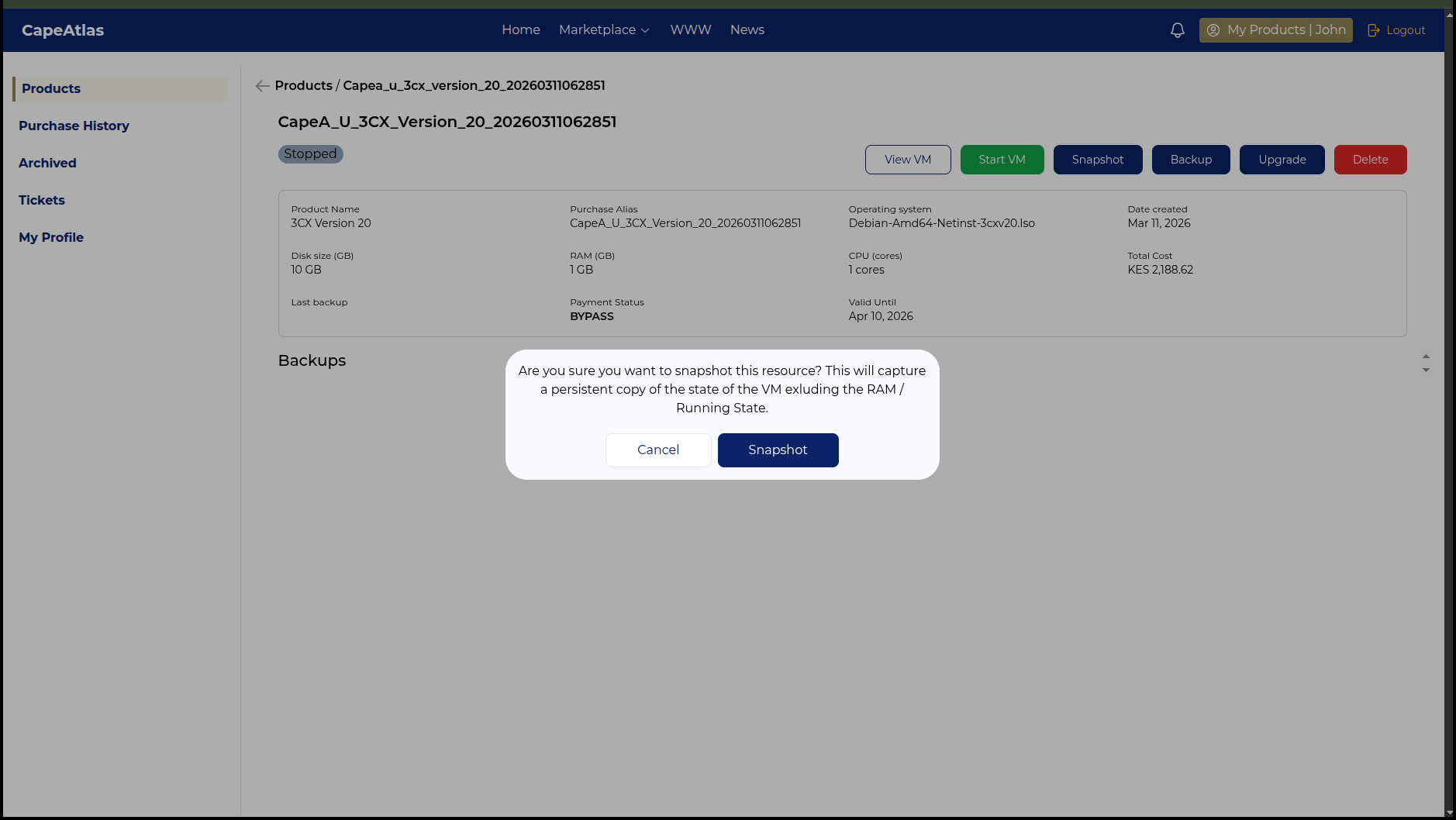 Snapshot creation dialog