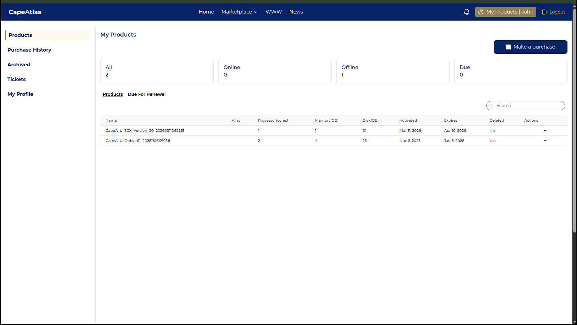 Products page with active subscriptions