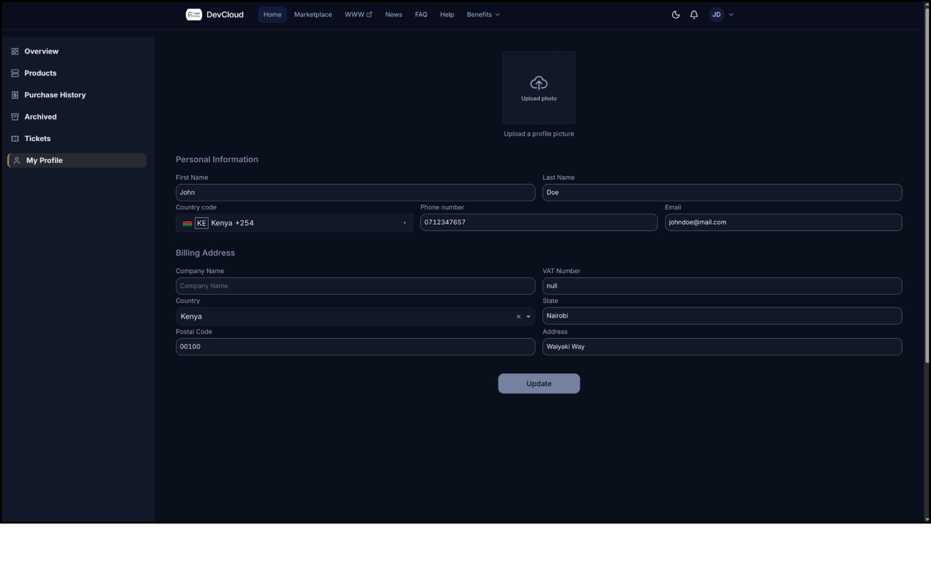 Profile settings page