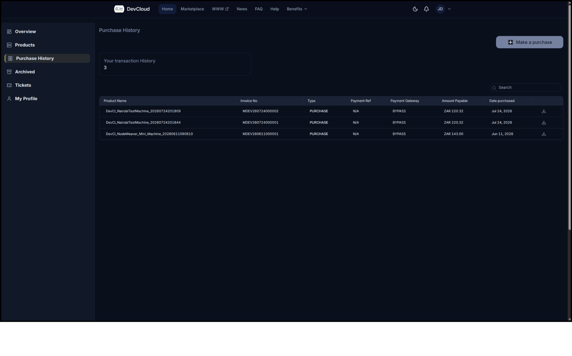 Purchase history page