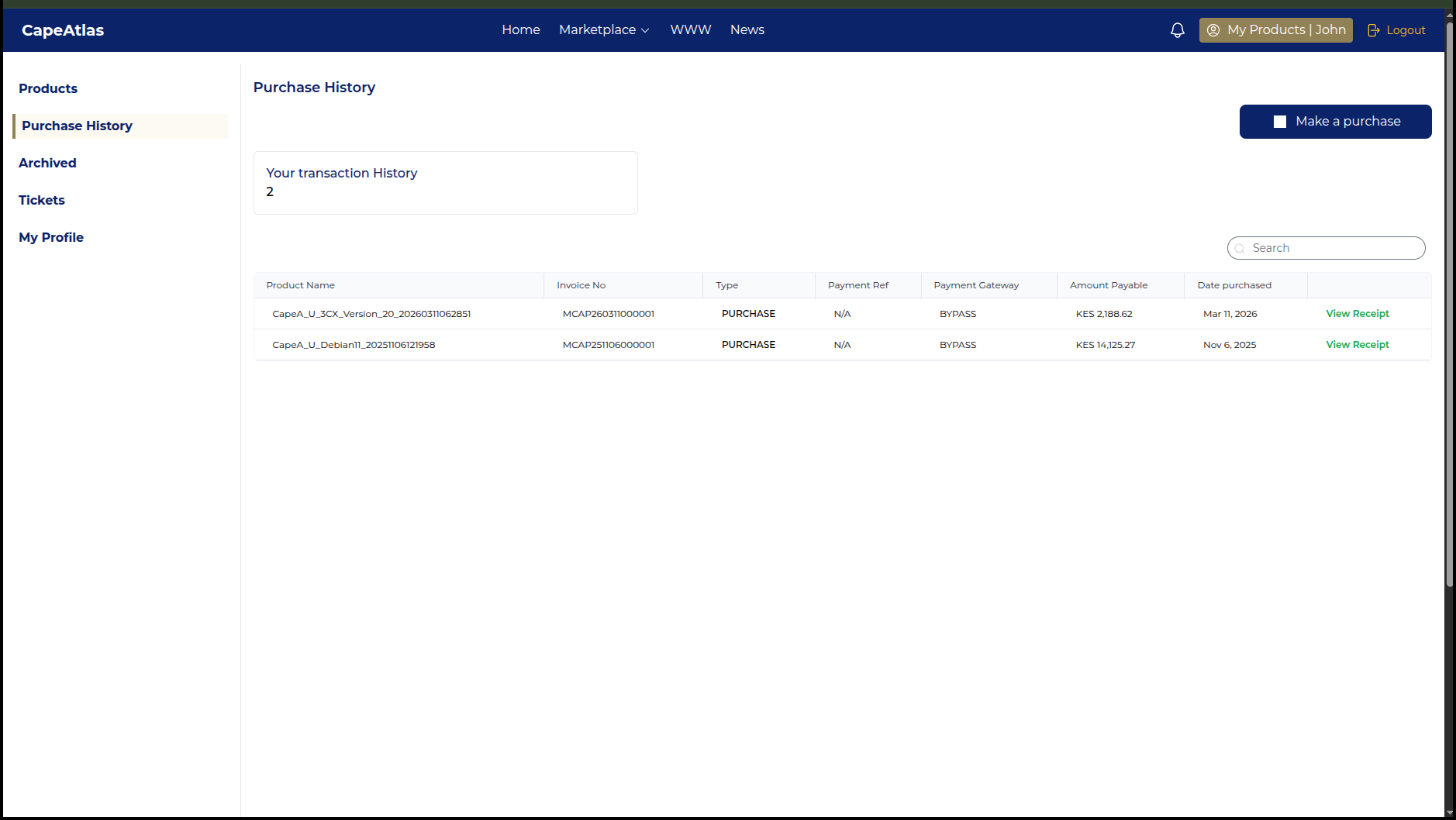 Purchase history page