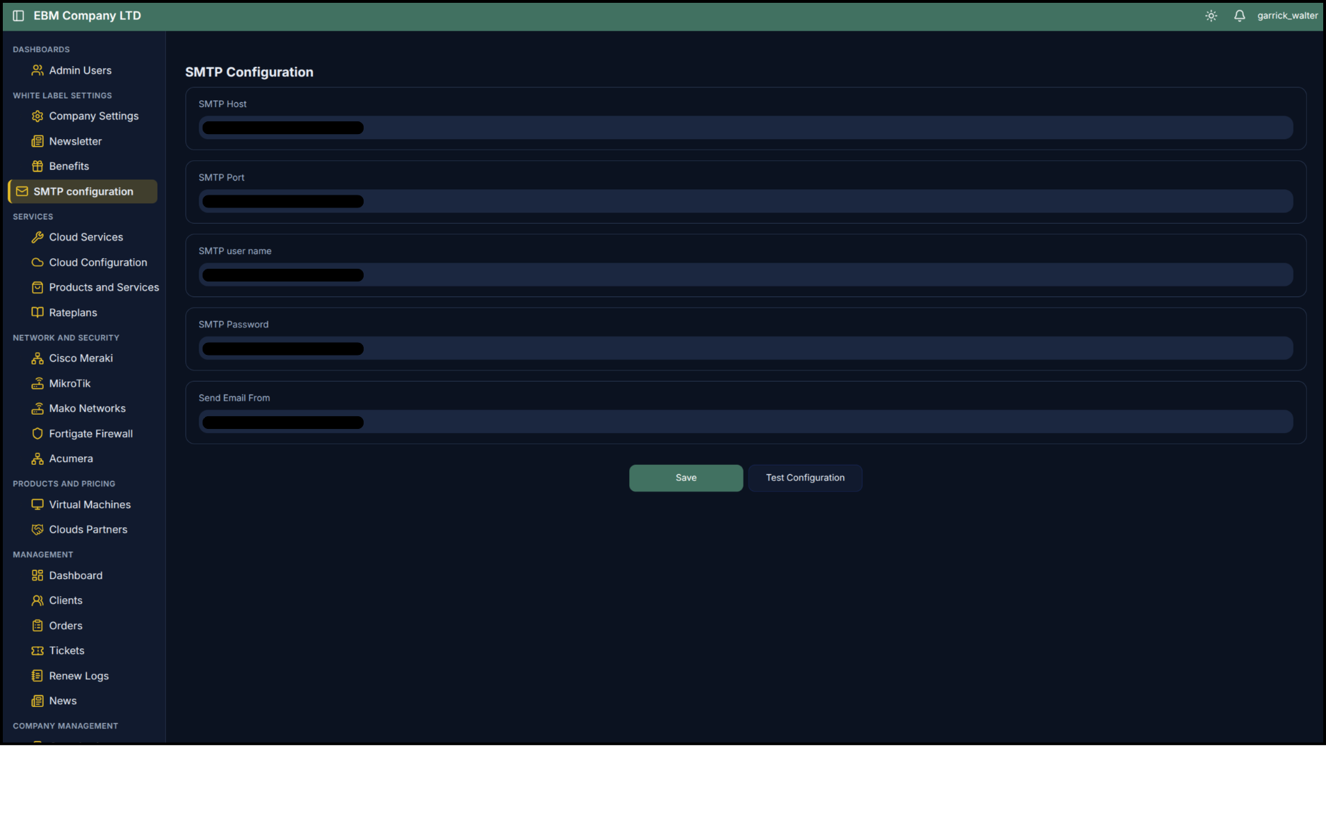 SMTP configuration section