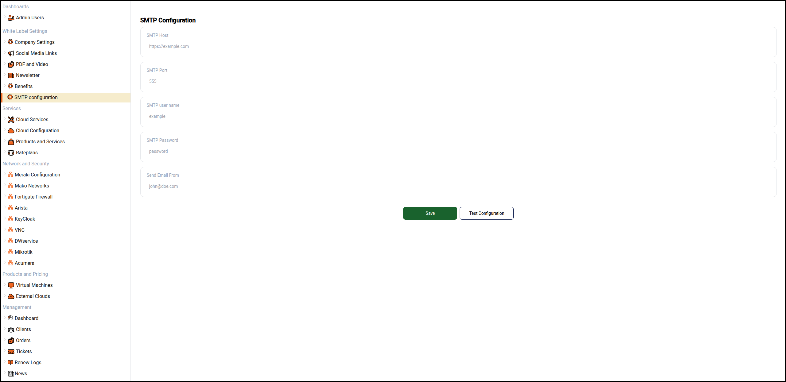 SMTP configuration section