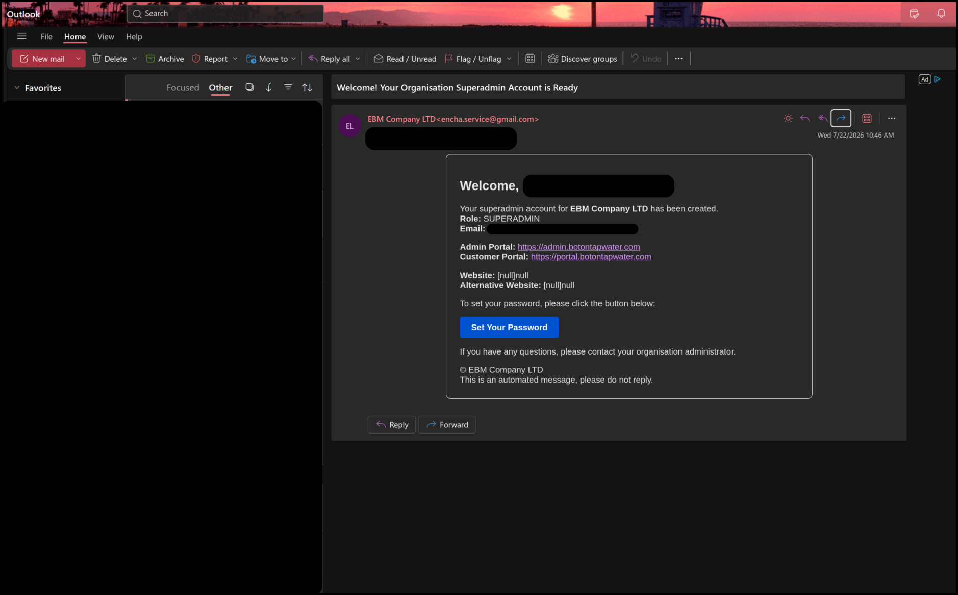 Signup email sent to the Super Admin