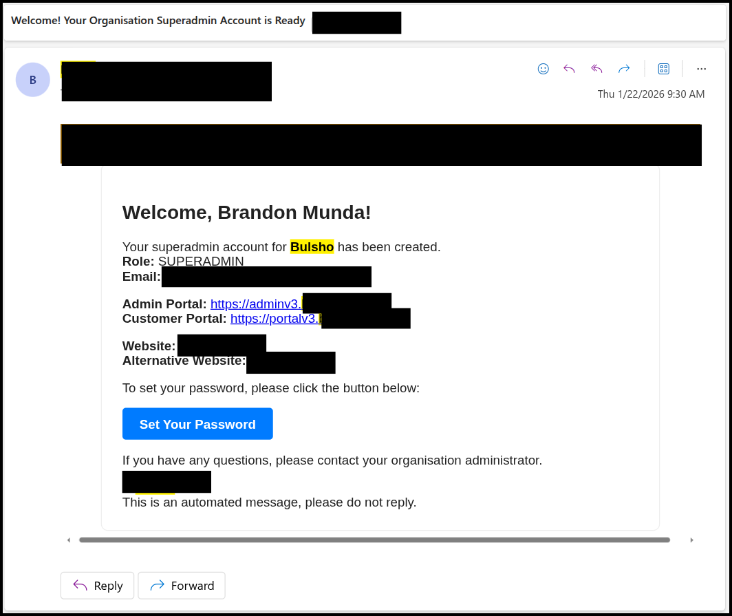 Signup email sent to the Super Admin