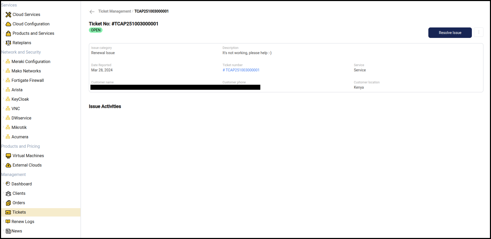 Ticket details view