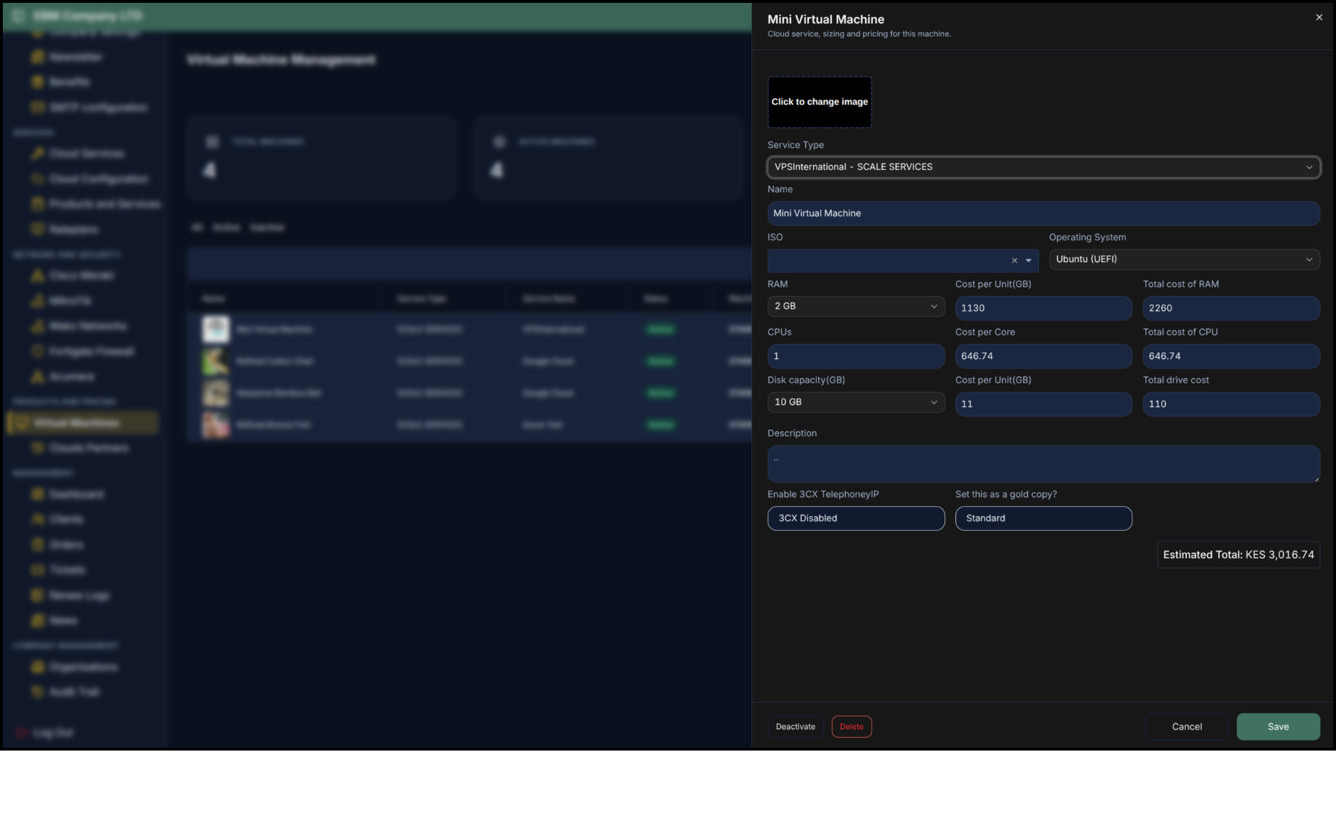 Virtual machine configuration form