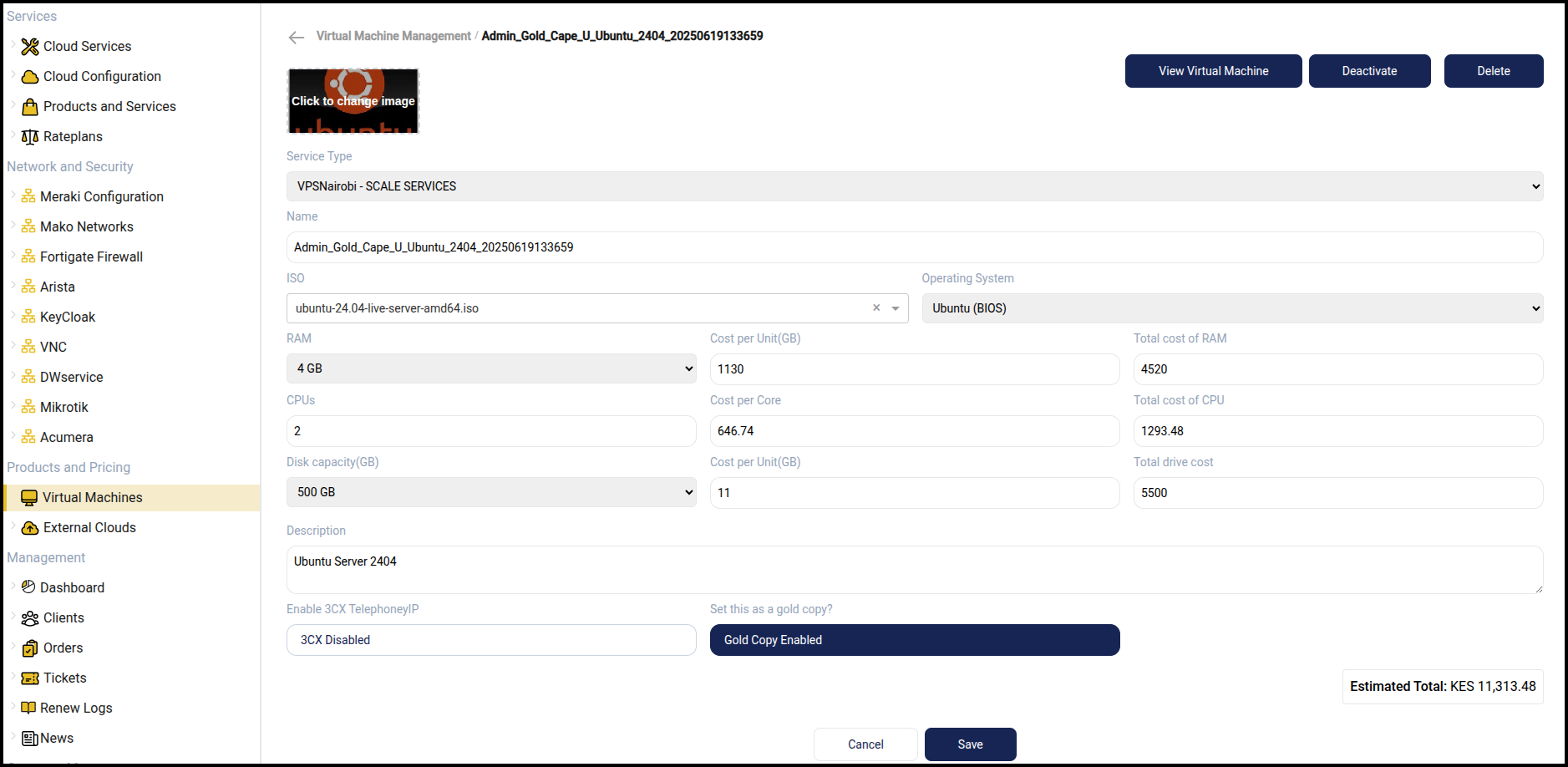 Virtual machine configuration form