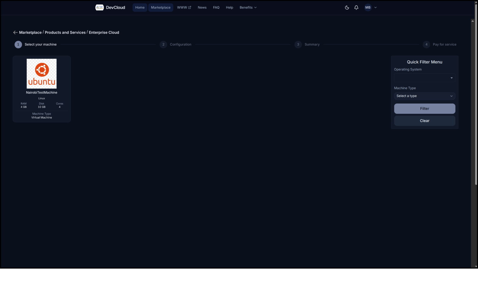 Virtual machine listing in the Customer Portal