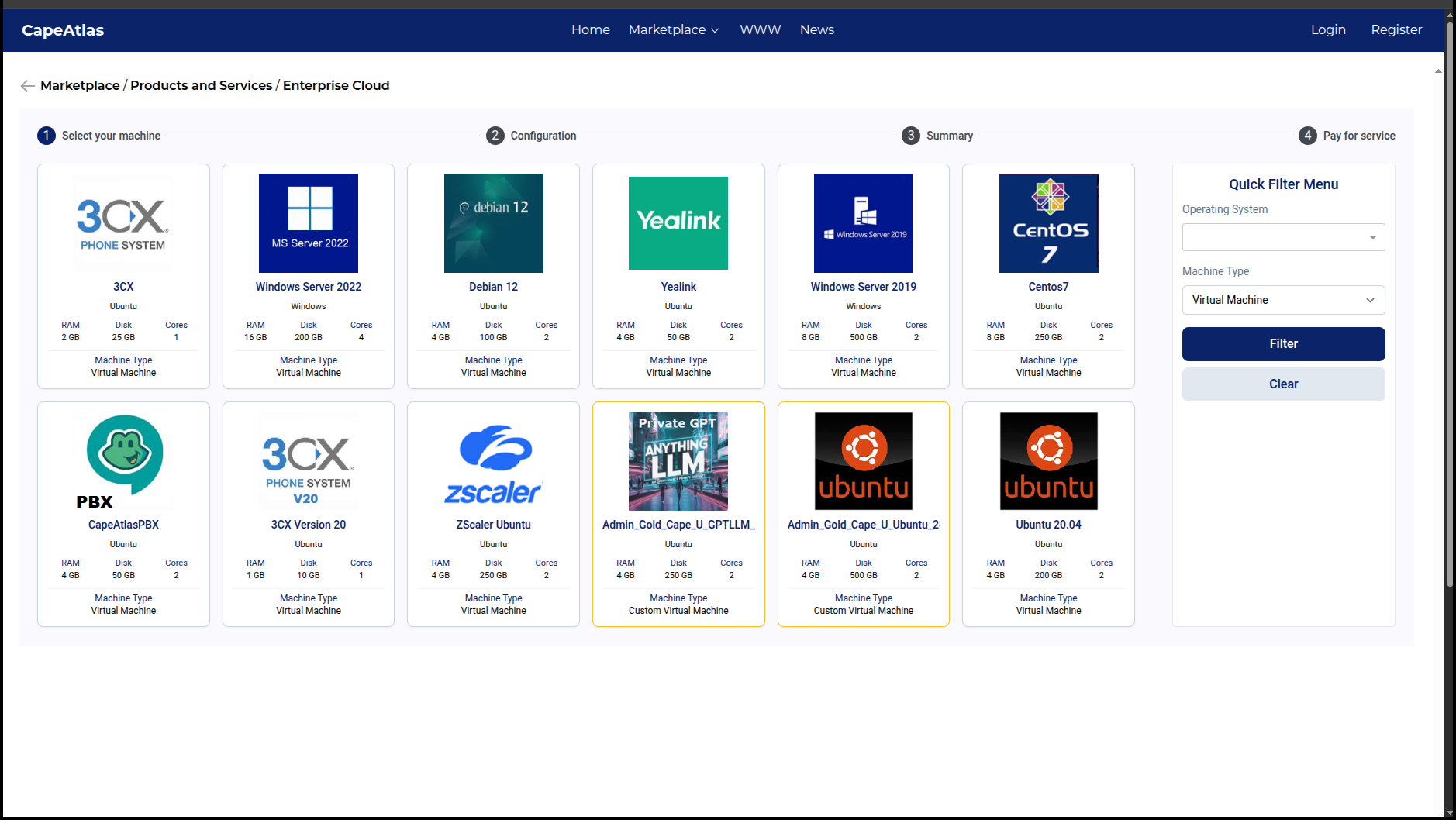 Virtual machine listing in the Customer Portal